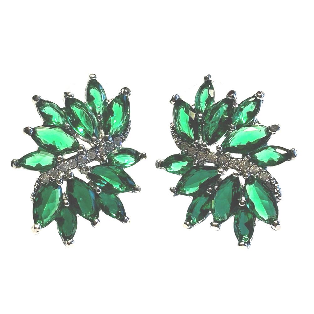 Dressy Pierced Earrings Green & White Rhinestones on Silver Starburst Setting